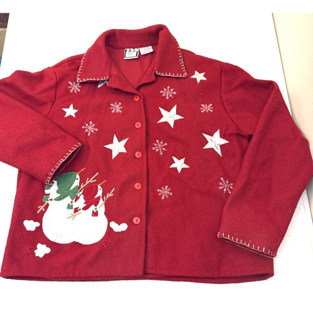 Take Two Clothing Co Christmas Blazer Jacket Women's Med Red Snowman Wool Blend